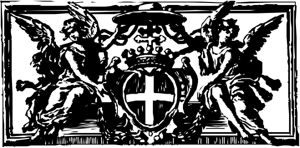 The black and white illustration shows a crest with two cherubs on either side of an emblem featuring what appears to be a shield in between them; above this central design is another smaller shield bearing a cross, flanked by wings that resemble those of angels or seraphim.