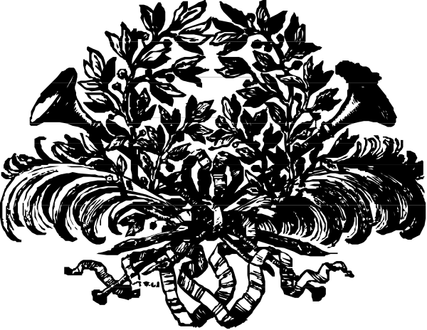 The black and white illustration features a floral design with leaves at its center surrounded by branches that extend outward from it.