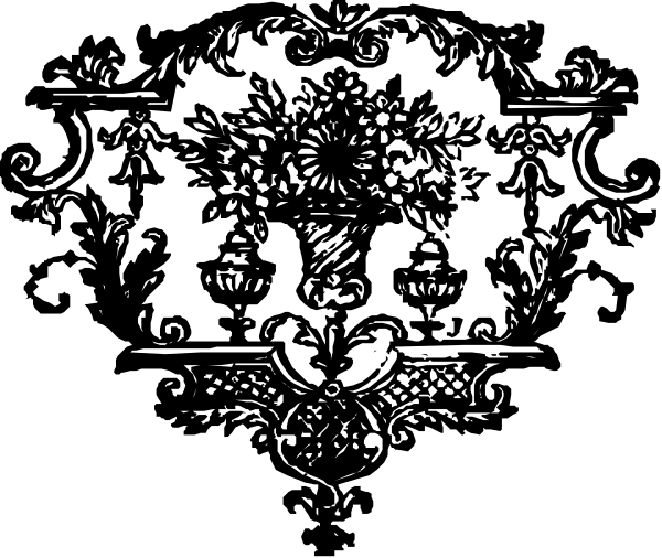 The black and white illustration features a decorative coat of arms with intricate patterns around it on an oval background.