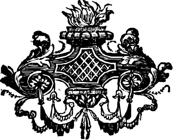 The black and white illustration shows a decorative crest with intricate patterns featuring leaves, flowers, vines, and scrollwork around an emblem that resembles a shield within which there is another smaller design of what appears to be a castle-like structure or fortress surrounded by water.