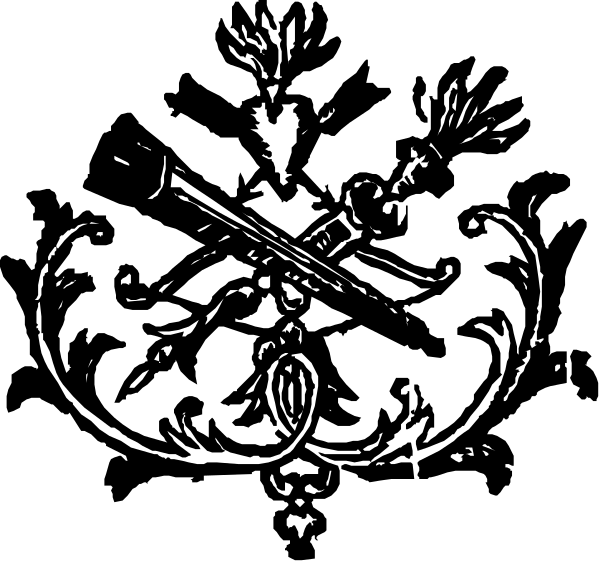 The black and white logo features a shield with two crossed swords on top of it, flanked by wings that have feathers extending from their sides; below these elements is an emblem resembling a key encircled by three chains connected to each other at one point in the center.