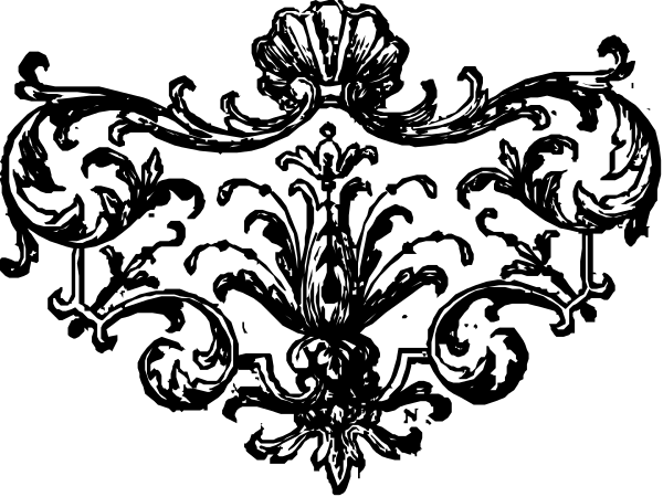 The black and white illustration shows a decorative crest with intricate patterns resembling leaves and flowers on either side of an oval shape in the center that has additional embellishments around it, all set against a dark background.