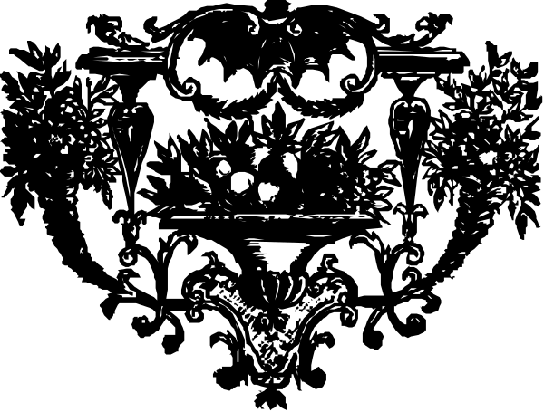 The black and white illustration features a decorative border with floral patterns surrounding an oval shape that contains various plants within it.