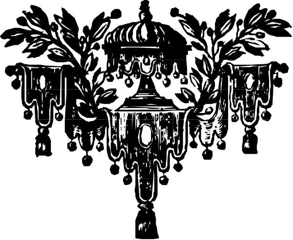 The black and white illustration shows a chandelier with multiple arms adorned by candles atop each other in an indoor room that appears to be part of a larger structure like a church or palace, featuring intricate designs on walls around it.