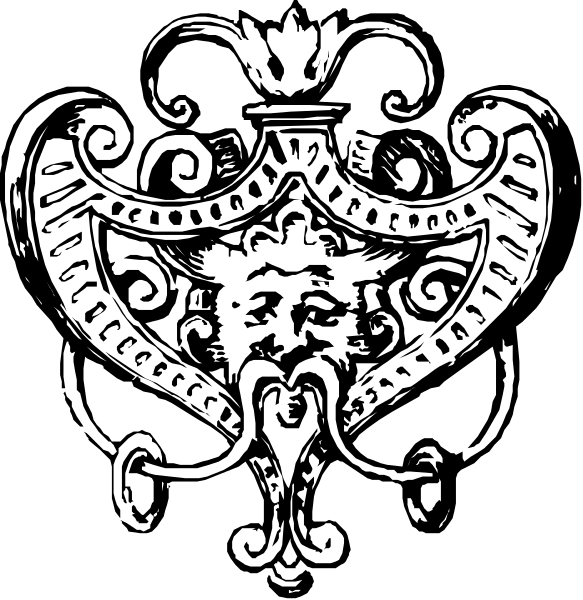 The black and white images show a coat of arms with intricate designs featuring heraldic elements such as lions, crowns, shields, banners, and scrollwork on either side against different background patterns; one is solid while the other has diagonal stripes.