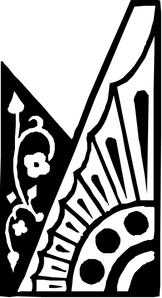 The image shows a black and white illustration of an intricate design that resembles a stained glass window with patterns including what appears to be floral motifs and possibly some sort of emblematic symbol at its center, set against a dark background on the left side which is lighter in color towards the bottom.