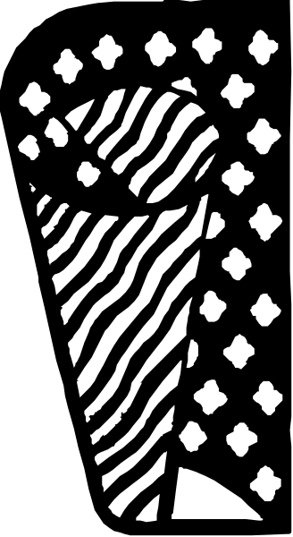 The image shows a black and white pattern with an intricate design that includes what appears to be stylized human figures in profile view on either side of a vertical line bisecting them; there is also a small, detailed depiction at the bottom right corner resembling a face or mask.