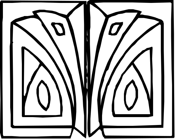 The image shows a black and white illustration of an open book with intricate designs on its pages resembling tribal patterns; it is stylized to look like two books facing each other in profile, creating symmetry around their spines which have decorative motifs that include swirls.