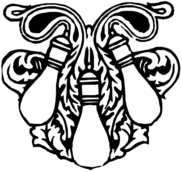The black and white illustration shows a pair of bowling pins with two dots on each pin to represent eyes, positioned in front of what appears to be an open book lying flat on its spine.