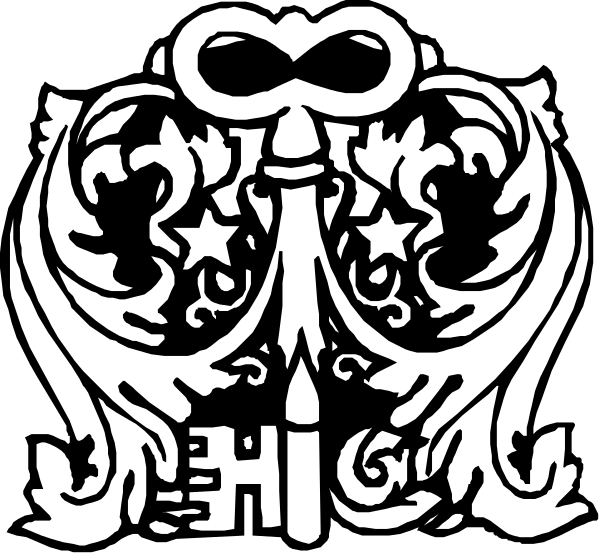 The black and white images show a stylized emblem with intricate designs that include what appears to be an anchor crossed by two swords on either side of it; above this central motif is another design resembling wings, possibly suggesting flight or freedom. Below these elements are the letters "HIG" in capital form and below them there's a small crown-like symbol with some sort of emblematic markings around its base. The overall style suggests that these images may be related to heraldry or coats of arms design, often used for organizations such as clubs