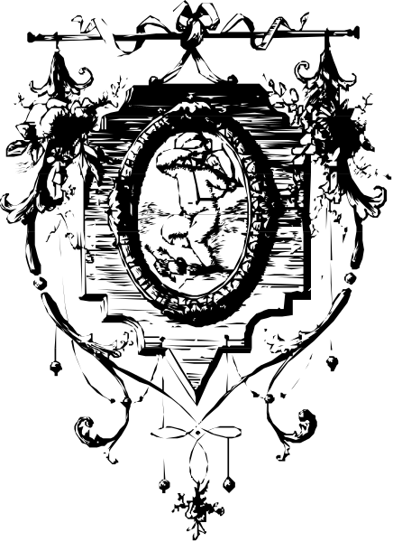 The black and white illustration features a shield with an emblem at its center that resembles a coat of arms design; it is adorned by what appears to be leaves on either side and has intricate patterns around it, suggesting heraldic significance or symbolism within the context of this image.
