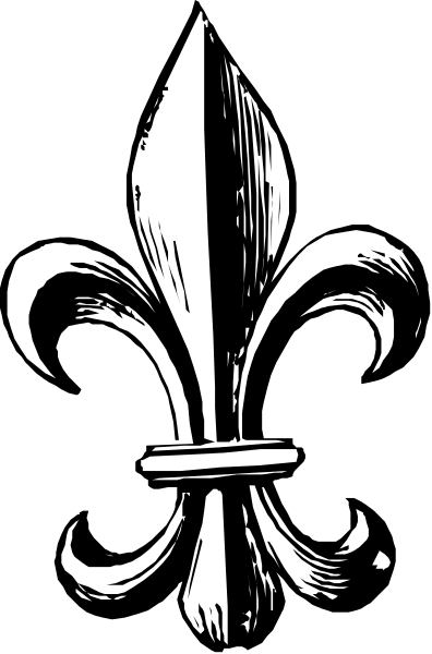 The black and white logo of a fleur de lis on a flag background with stripes at each corner.