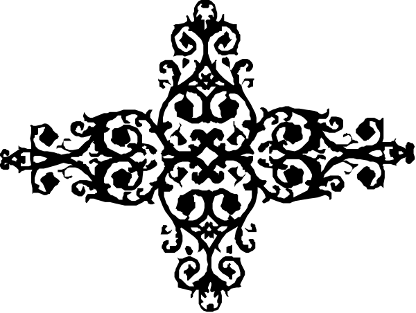 The black and white photo shows a symmetrical pattern with intricate designs that resemble snowflakes on either side of what appears to be an abstract shape in between them at the bottom center.