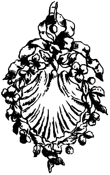 The image shows a black and white photo of an emblem with intricate designs on it against two different backgrounds: dark grey for one half and light brown for another.