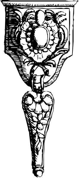 The black and white illustration shows a classical architectural detail resembling an ancient Greek vase with intricate designs on its sides against a dark background.