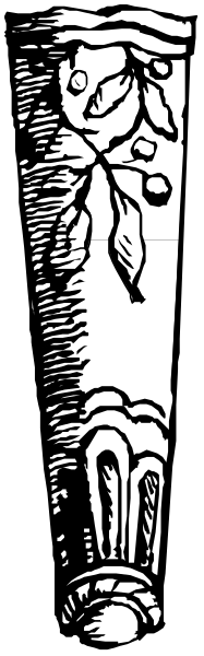 The black and white photo shows a vase with floral designs on it placed next to an old book that has intricate patterns around its edges.