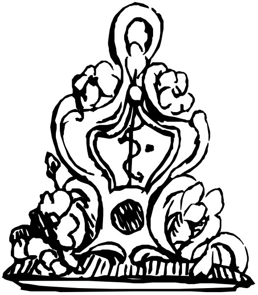 The black and white illustration shows a candle holder with candles on top of it placed inside an open book that is lying flat in front of what appears to be a fireplace mantelpiece adorned by various decorative items, including figurines or knick-knacks.