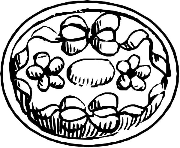 The black and white illustration shows a pie with various toppings such as leaves and flowers on it next to an egg in its shell.