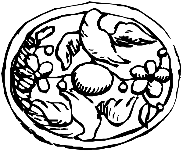 The black and white illustration shows a stylized depiction of an oval with various plants inside it on top of what appears to be soil, surrounded by leaves at its base; there is no text present in this image.