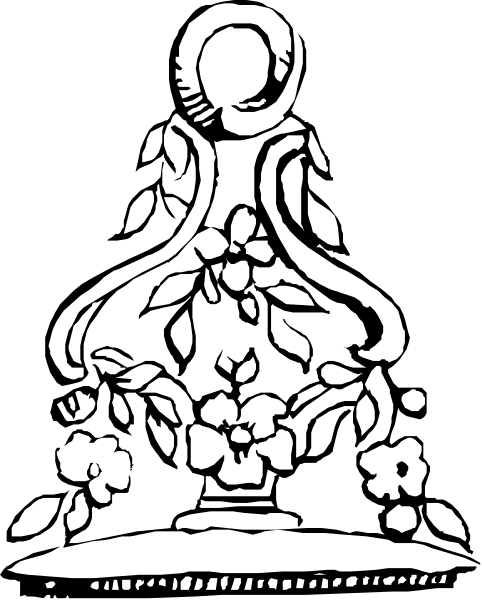 The black and white illustration features a stylized depiction of an asian figure seated on what appears to be lotus flowers with intricate patterns around them; there is also a small floral design atop their head, suggesting it might represent hair or some form of adornment.