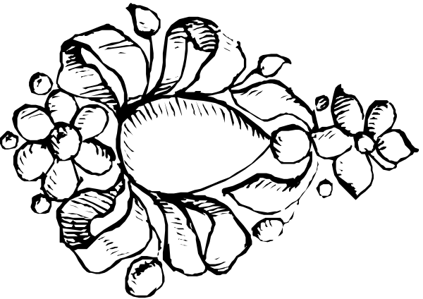 The black and white illustration shows a bunch of flowers with leaves at their base on top of what appears to be an open book lying flat in front of them.