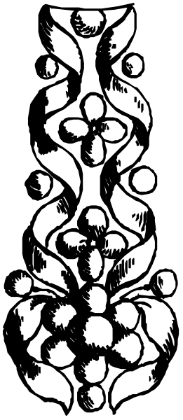 The black and white photo shows a decorative pattern with intricate designs resembling flowers on both ends of what appears to be an abstract piece in between them.