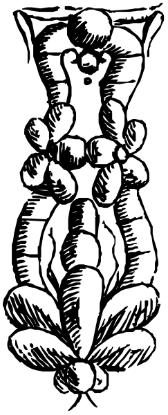 The black and white illustration shows a person with their arms outstretched against an abstract background that resembles stone blocks forming walls on either side of them.