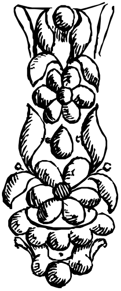 The black and white illustration shows a stylized vase with fruit on it placed against a dark background.