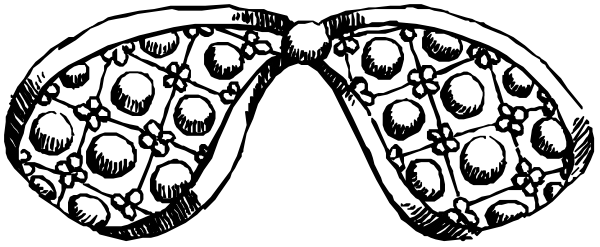 The black and white illustration shows a pair of glasses with intricate designs on their temples placed over an eye that is closed in sleep-like position against a dark background.