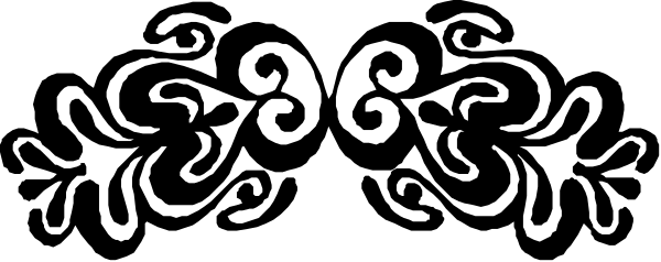The image shows a black and white illustration of an abstract design with intricate patterns resembling leaves on either side, set against a gray background.