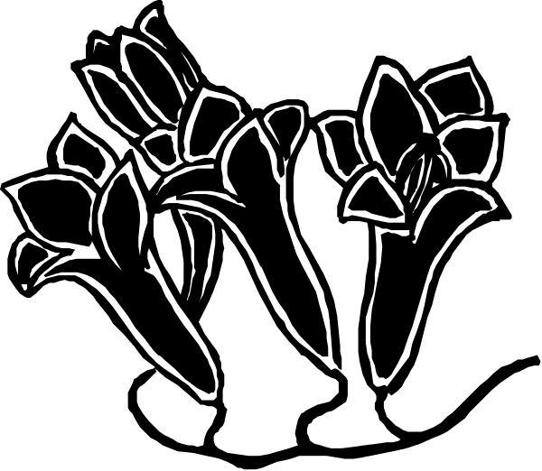 The black and white illustration shows a bouquet of flowers with leaves at their base on top of what appears to be vases in an indoor environment.