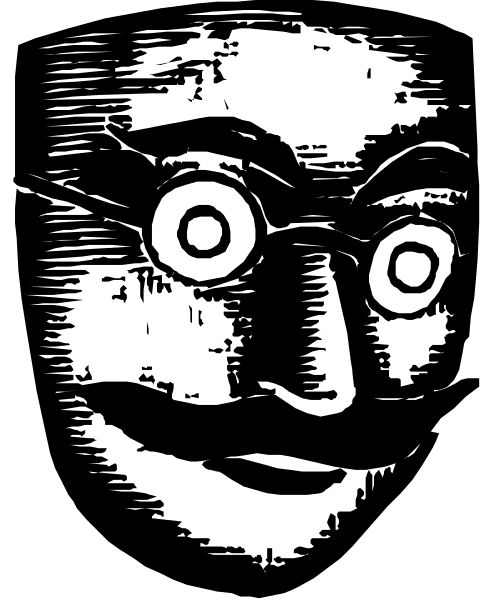 The black and white photo features a face with exaggerated facial expressions such as wide eyes and an open mouth, giving it a cartoonish appearance.