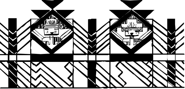 The black and white photo shows a pattern of geometric shapes resembling houses with triangular roofs arranged to form an intricate design on what appears to be fabric material.