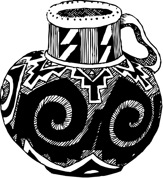 The black and white illustration shows a vase with intricate patterns on it placed against an indistinct background that does not provide any additional context about its surroundings.