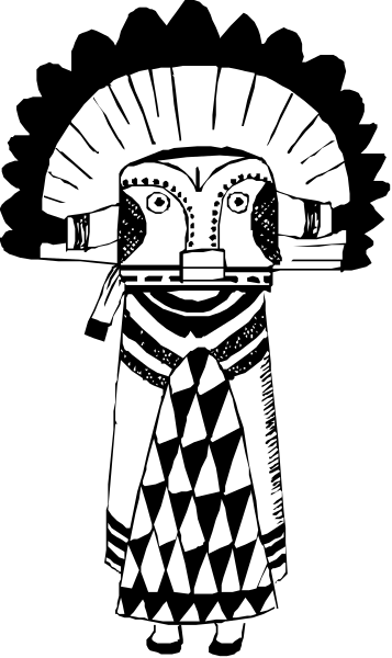 The black and white illustration shows a stylized figure that appears to be an anthropomorphic bird with human-like features such as arms and legs, wearing what seems like armor on its body, standing in front of two vertical stripes resembling flags or banners.