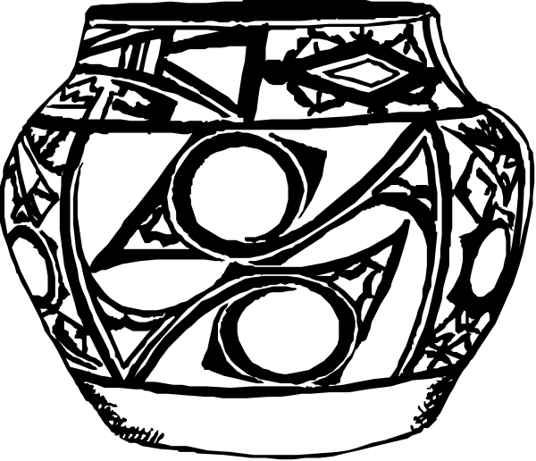 The black and white illustration shows a vase with intricate patterns on it placed against a dark background.