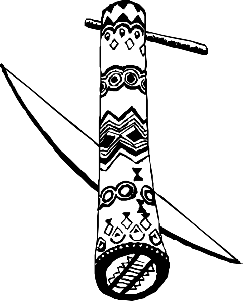 The black and white illustration features a stylized depiction of an axe with intricate patterns on its handle, set against a dark background that contrasts sharply with it due to high-contrast monochrome coloring.