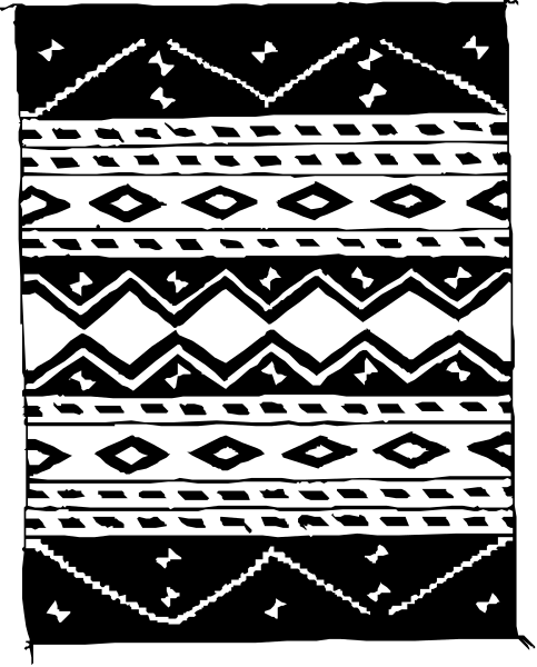 The image shows a black and white pattern with geometric shapes resembling tribal designs on fabric.