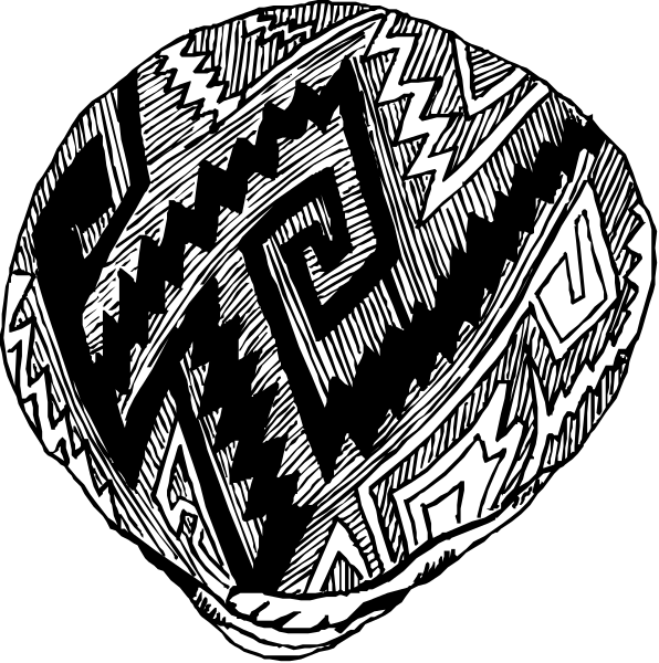 The black and white illustration shows a stylized depiction of an object with intricate patterns resembling tribal designs on its surface; it appears to be a decorative item possibly used for ceremonial purposes, such as in Maori culture where poi balls might have been adorned.