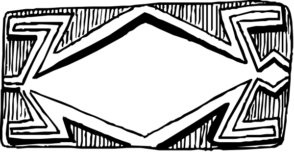 The black and white illustration shows a stylized tribal design with abstract shapes that could be interpreted as geometric patterns resembling leaves on either side of what appears to be an arrow-like shape in between, all set against a plain background.