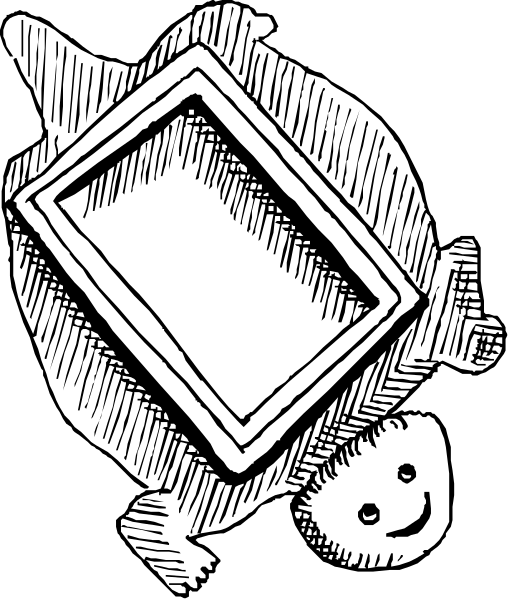 The black and white illustration shows a turtle holding an open picture frame with its front flippers while standing on what appears to be a dark background.