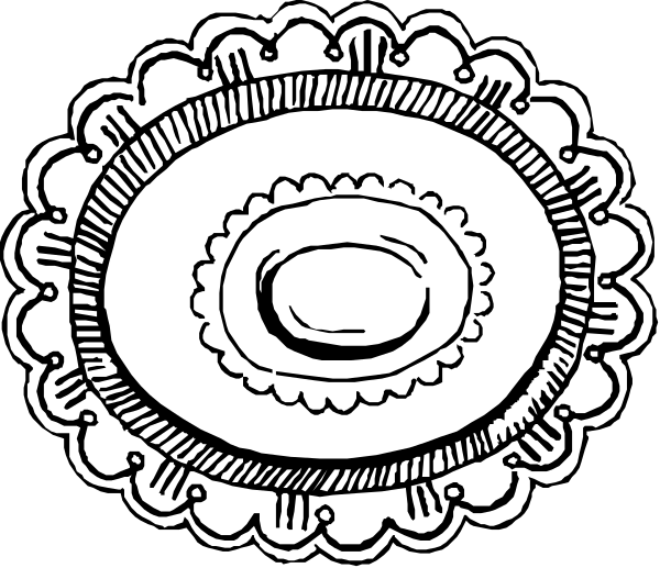 The black and white illustration shows a circular emblem with an intricate design at its center on what appears to be a dark background.