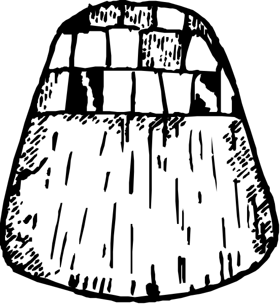 The black and white illustration shows a stylized depiction of an object that resembles a large tooth with multiple smaller teeth-like shapes around it on either side, suggesting some sort of protective barrier or structure within which these objects reside; there is no text present in the image to provide additional context.