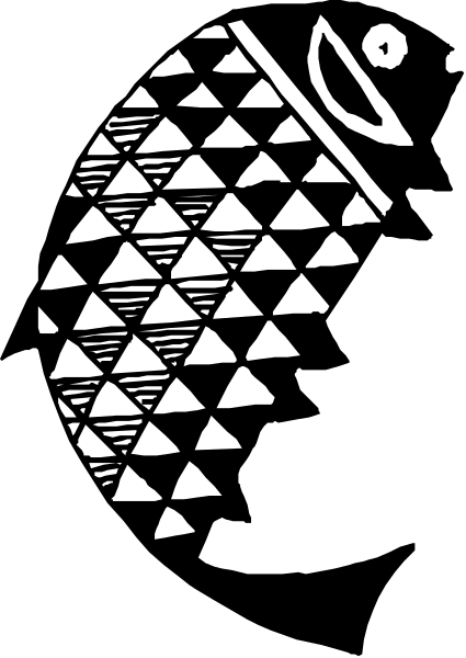 The black and white illustration shows a stylized fish with an abstract design on its body against a dark background.