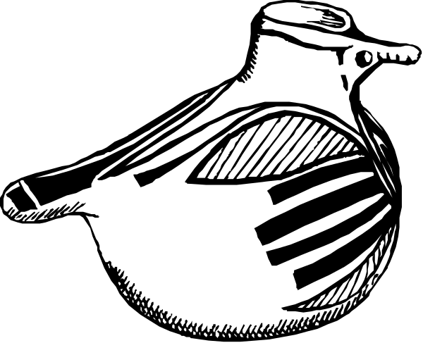 The black and white illustration shows a birdcage with an open door on top of it is placed next to another closed cage that has two birds inside; one perched atop while the other sits below, both facing towards each other as if in conversation or interaction.