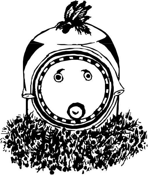 The black and white illustration shows a cartoon of an elephant with its trunk raised upwards towards something above it in what appears to be a jungle-like environment.
