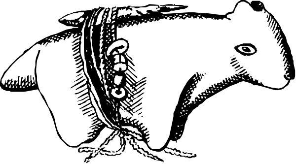 The black and white illustration shows a cow with an intricate headdress standing on its hind legs against a dark background.