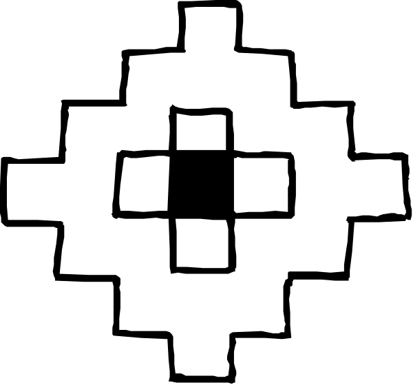 The black and white graphic features a stylized cross with four arms extending outward from its center point, each ending in what appears to be an abstract shape resembling a flower or starburst pattern at their tips.