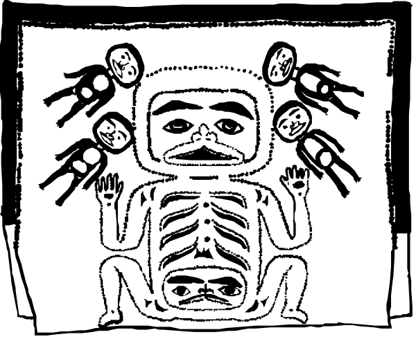 The black and white illustration depicts a totem pole with various figures on it; there is an animal figure atop that appears to be humanoid in shape but without facial features, surrounded by smaller animals resembling bears below it.