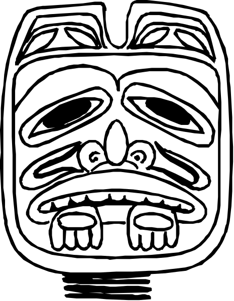 The black and white illustration shows a stylized face mask with intricate patterns resembling tribal designs on it; there is no text present in this image.